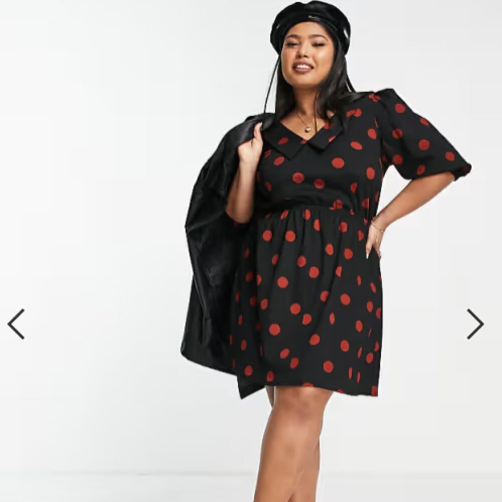 ASOS DESIGN Curve stretch mini shirt dress in black orange polka dots Sz 14